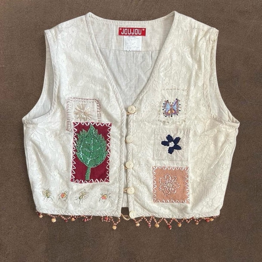 JouJou Vintage Embroidered Cream Patchwork Vest